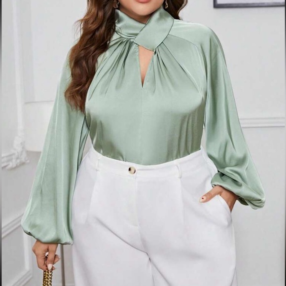 Classic Elegant Plus Size Twisted Neckline Work Office Top Blouse Shirt Green - Picture 1 of 5